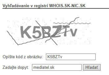 Ochranný kód pre vyhľadávanie v registri WHOIS.SK-NIC.SK