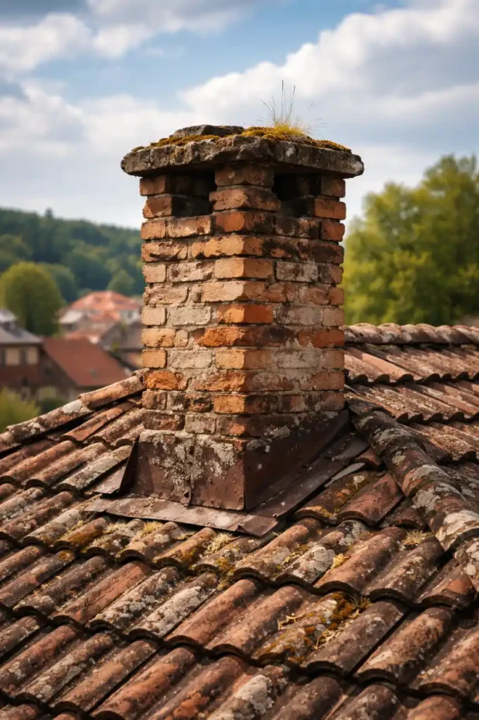 Zanedbaný komín na streche domu